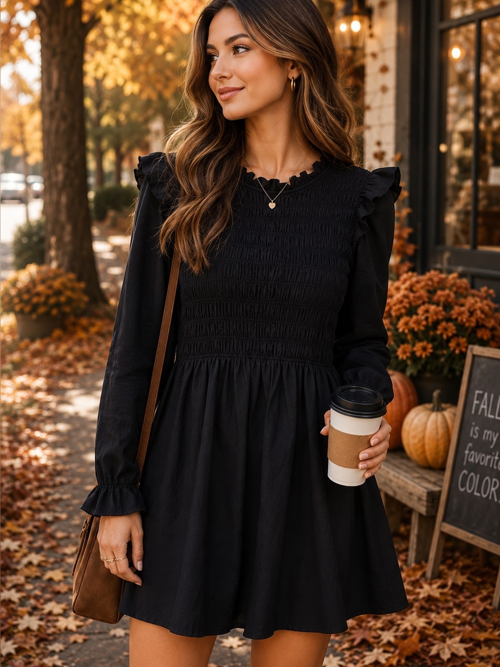 GAP Black Long-Sleeve Smocked Ruffle-Shoulder Dress size Large